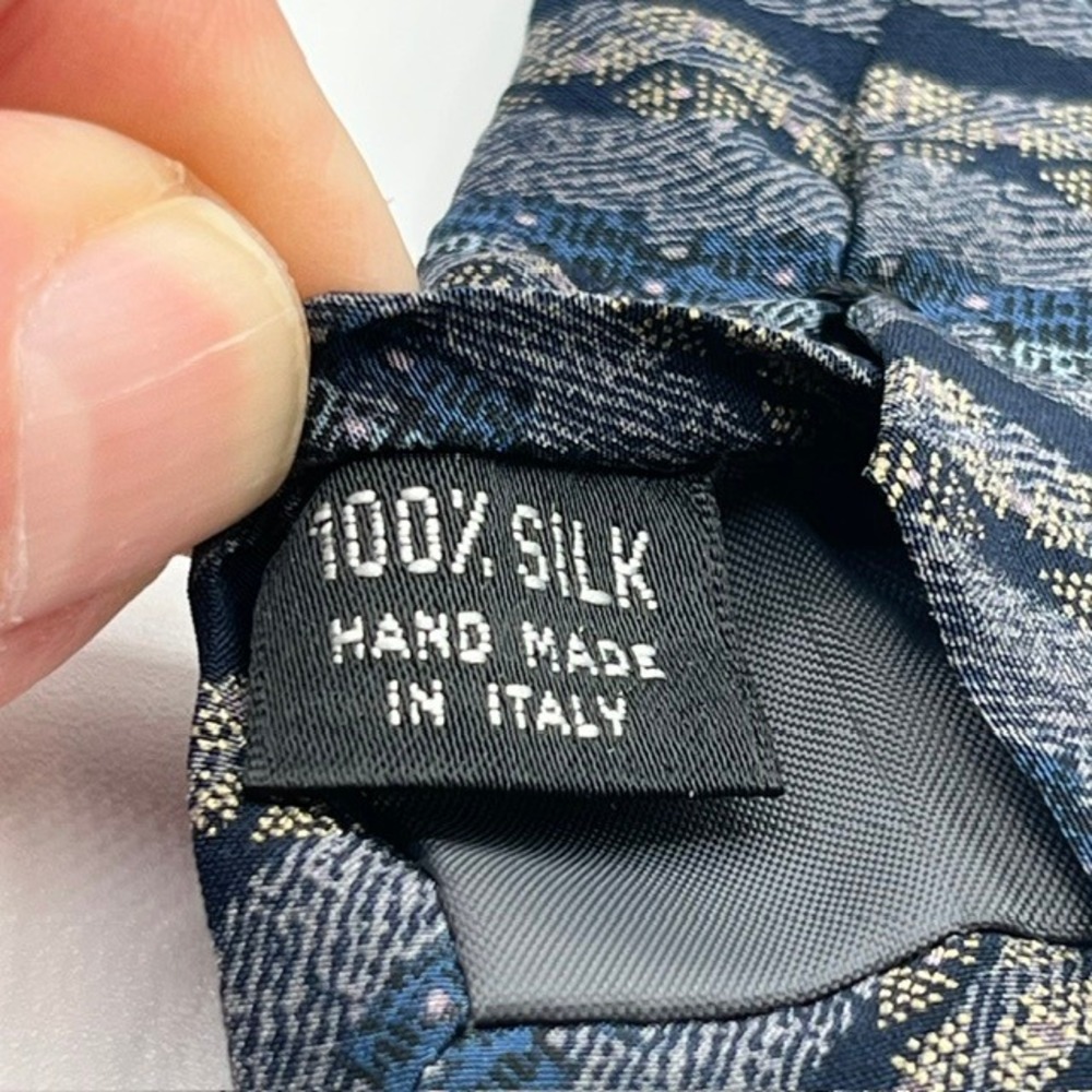 Geoffrey Beene Mens Silk Tie Navy Blue Grey Striped Geometric Hand Made in Italy - Picture 4 of 5
